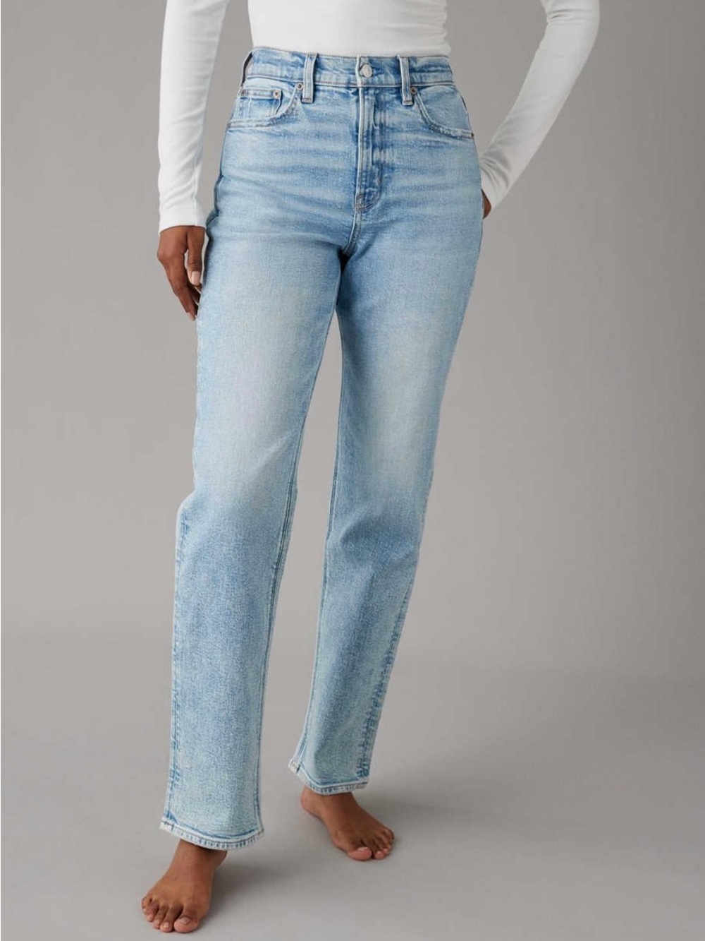 American Eagle Light Wash Highest Rise 90s Boyfriend Straight Denim Jeans 0 Long